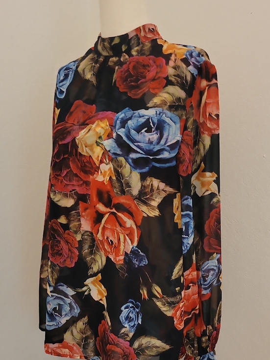Show Me Your MuMu Tops - Show Me Your MuMu Black Floral Mock-Neck Blouse with Red, Blue & Yellow Roses
